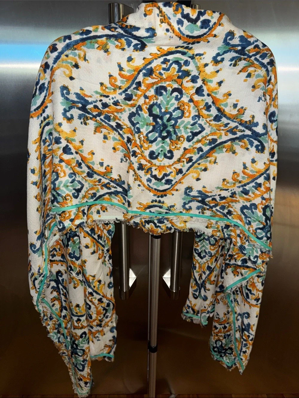 Kish White Printed Cropped Jacket with Blue & Mustard Paisley